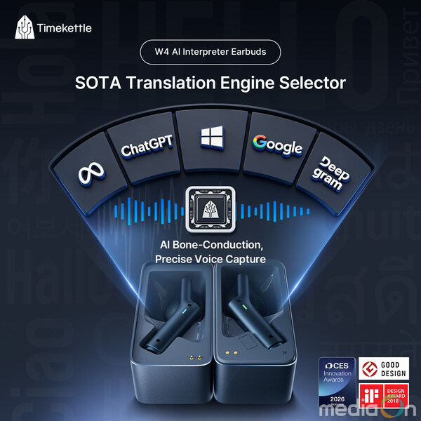 Timekettle W4 AI Interpreter Earbuds showcased with the SOTA Translation Engine Selector and AI Bone-Conduction technology, highlighting its advanced translation capabilities and design excellence