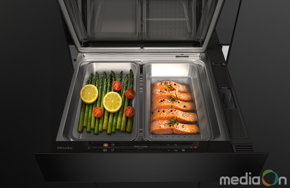 The new Miele steam drawer, when combined with a 45 cm compact oven with microwave in a 60 cm niche, forms a space-saving 3-in-1 solution for baking, reheating and steam cooking, with two separate steam cooking containers for preparing different food at the same time. Coming March 2027. (Photo: Miele)